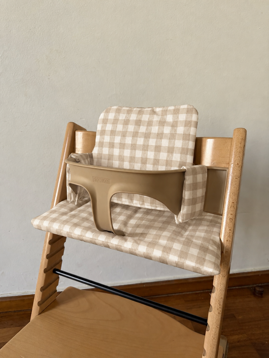 Waterproof Wipe Clean High Chair Cushion | Compatible with Stokke Tripp Trapp | beige Vichy Gingham