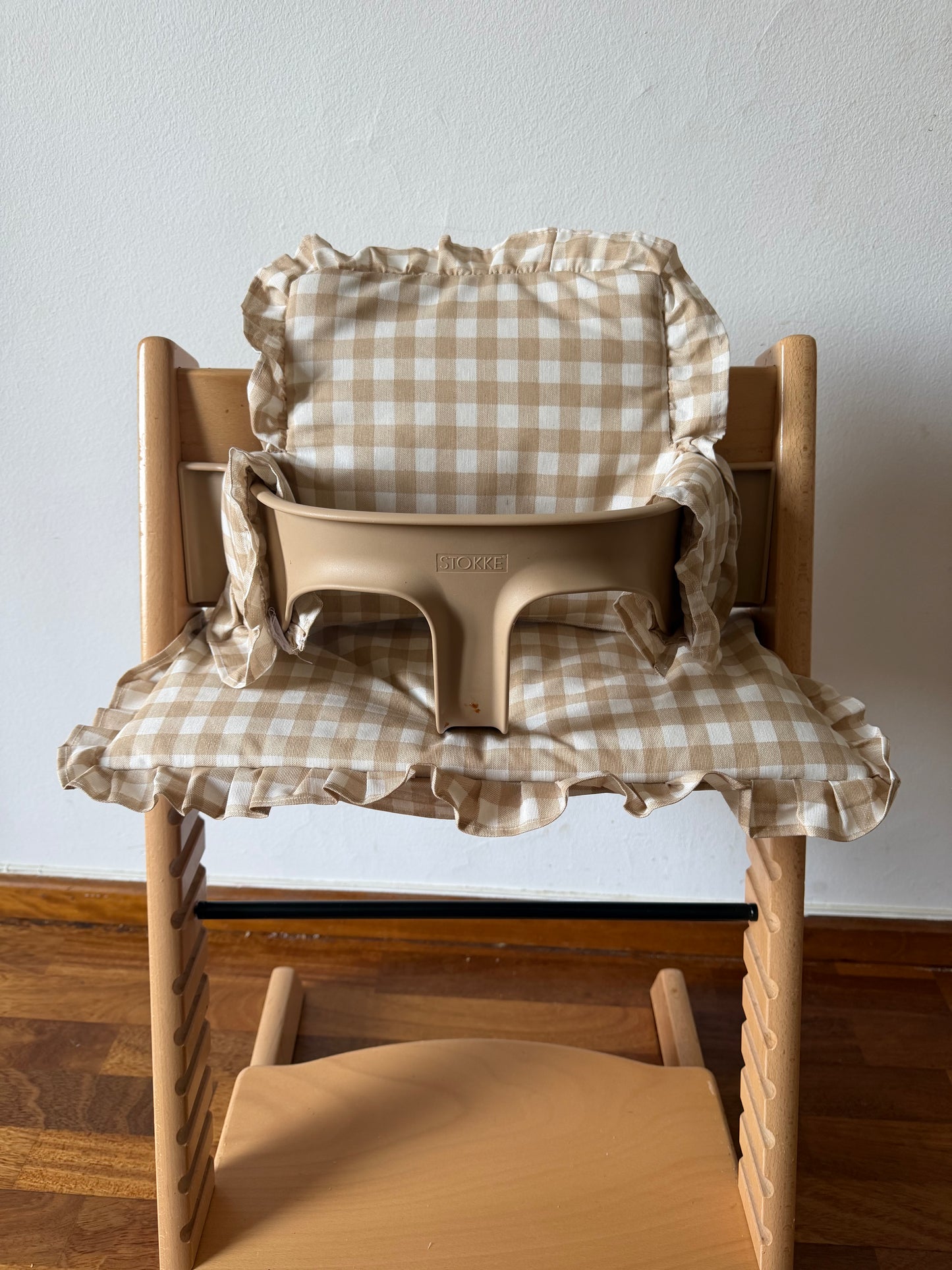 Ruffles Cushion Set Waterproof compatible with Stokke Tripp Trapp Highchair- Vichy gingham Beige