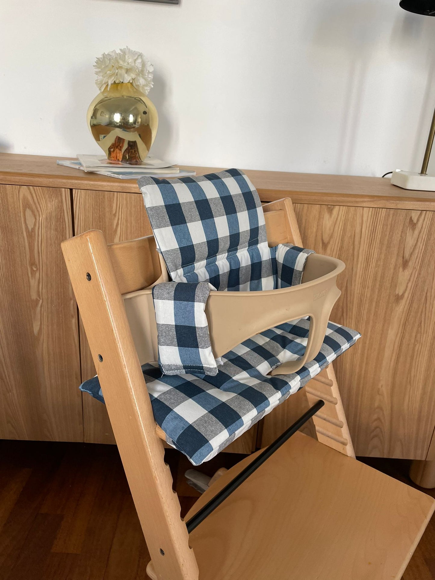 Waterproof Tripp Trapp Cushion | Wipe Clean High Chair Cushion | Compatible with Stokke Tripp Trapp | Blue Gingham