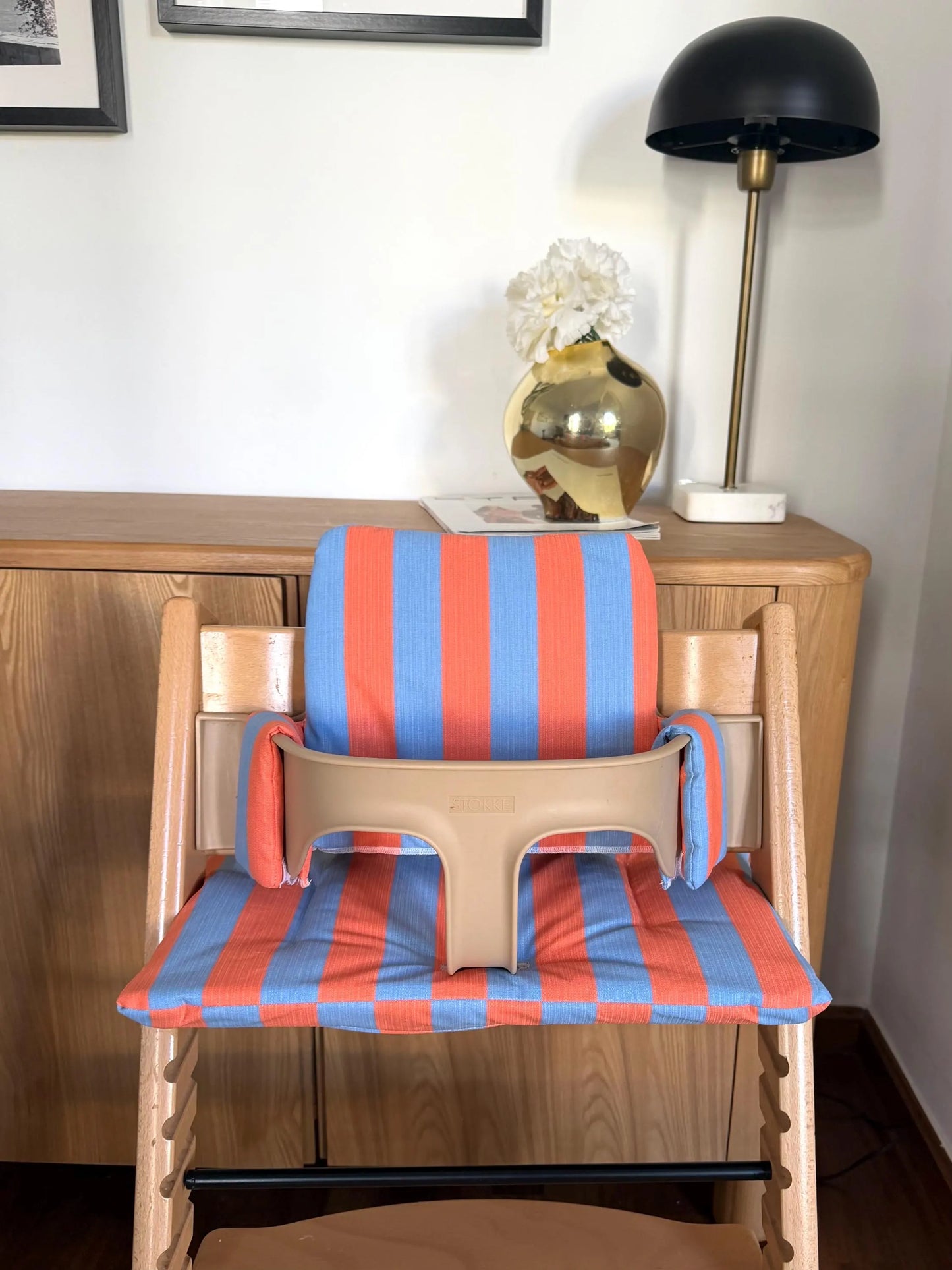St. Tropez Striped Cushion Set Waterproof compatible with Stokke Tripp Trapp Highchair- Orange Blue