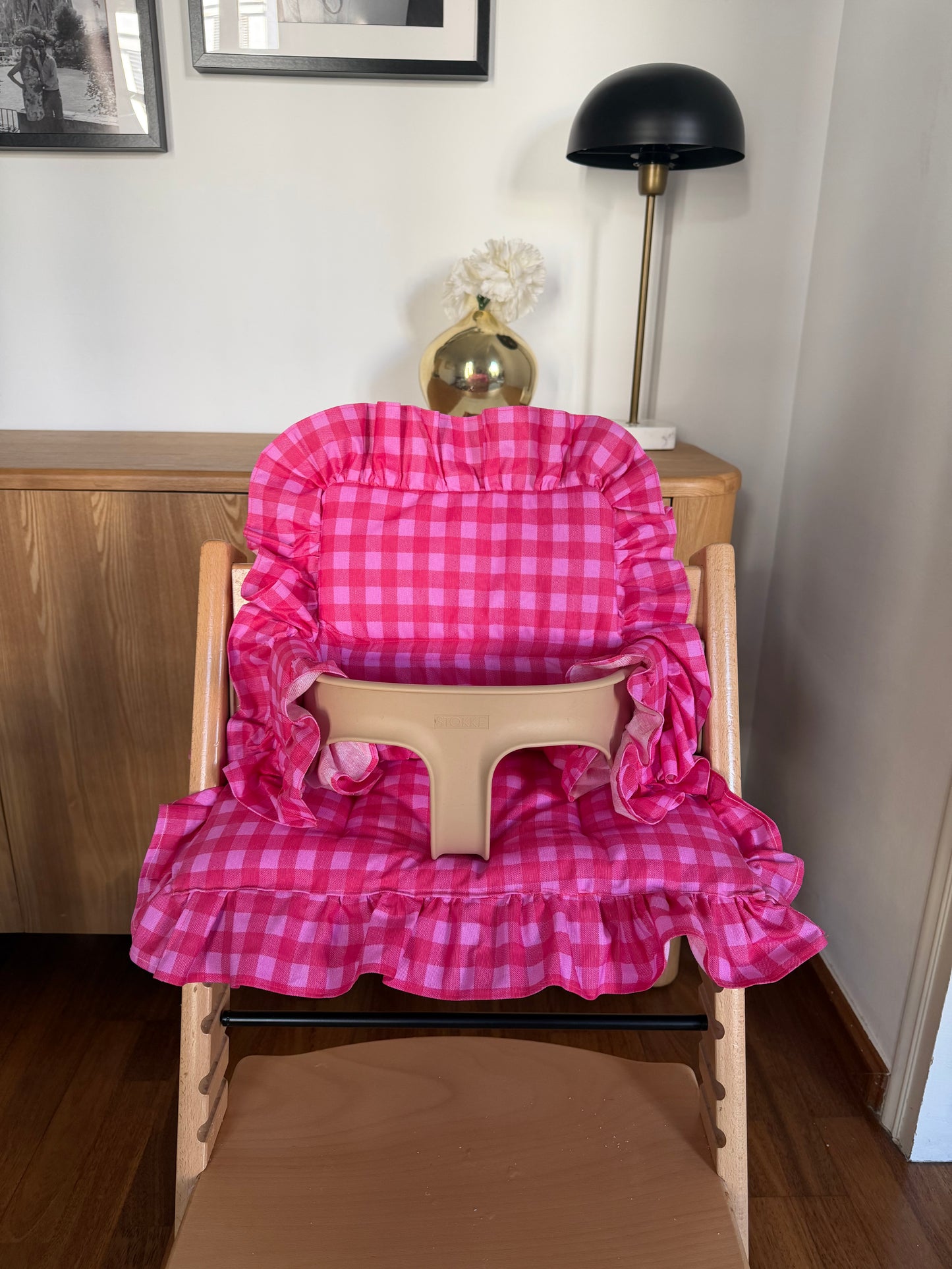 Ruffles Cushion Set Waterproof compatible with Stokke Tripp Trapp Highchair- Vichy gingham pink
