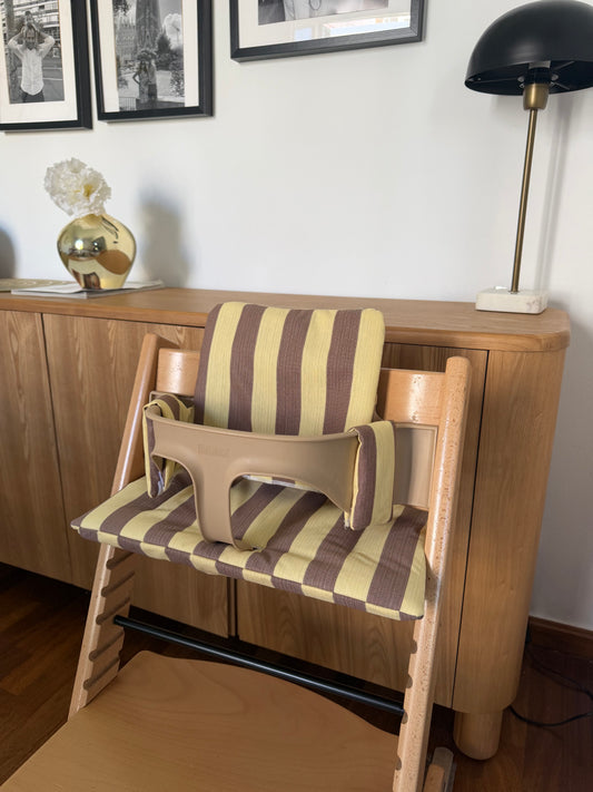 St. Tropez Striped Cushion Set Waterproof compatible with Stokke Tripp Trapp Highchair- brown yellow