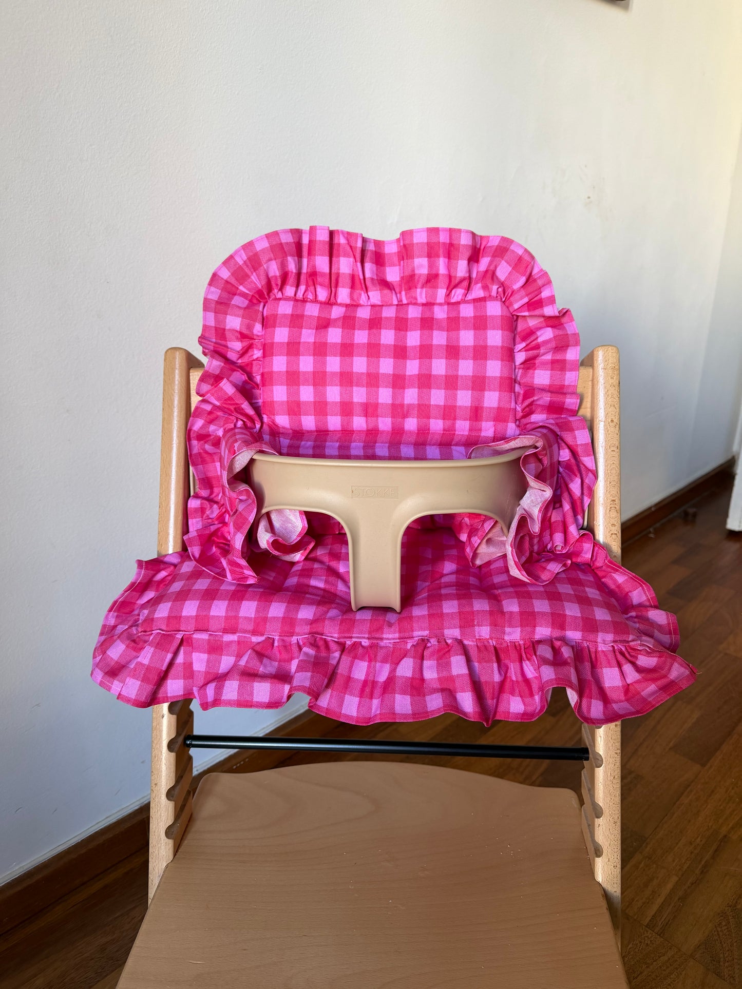 Ruffles Cushion Set Waterproof compatible with Stokke Tripp Trapp Highchair- Vichy gingham pink