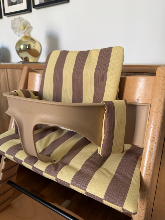 St. Tropez Striped Cushion Set Waterproof compatible with Stokke Tripp Trapp Highchair- brown yellow