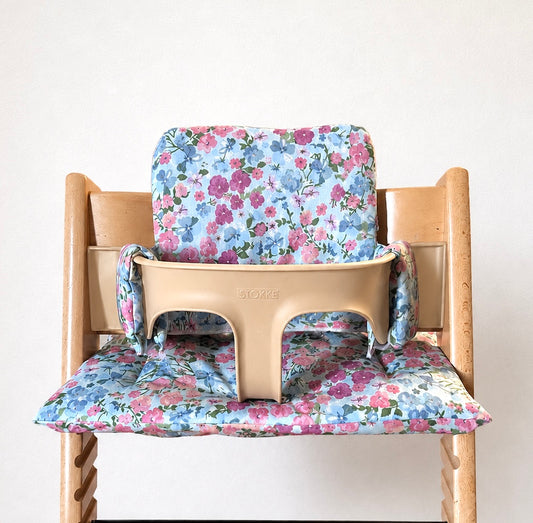 Waterproof Cushion Set - Wipe Clean, compatible with Stokke Tripp Trapp highchair- Blue Floral