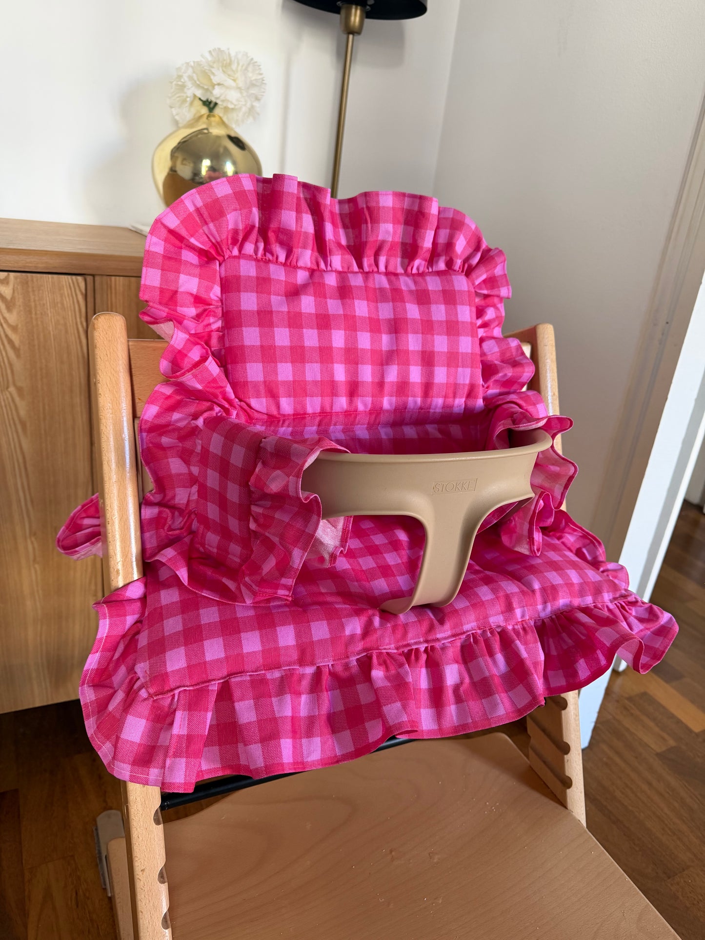 Ruffles Cushion Set Waterproof compatible with Stokke Tripp Trapp Highchair- Vichy gingham pink