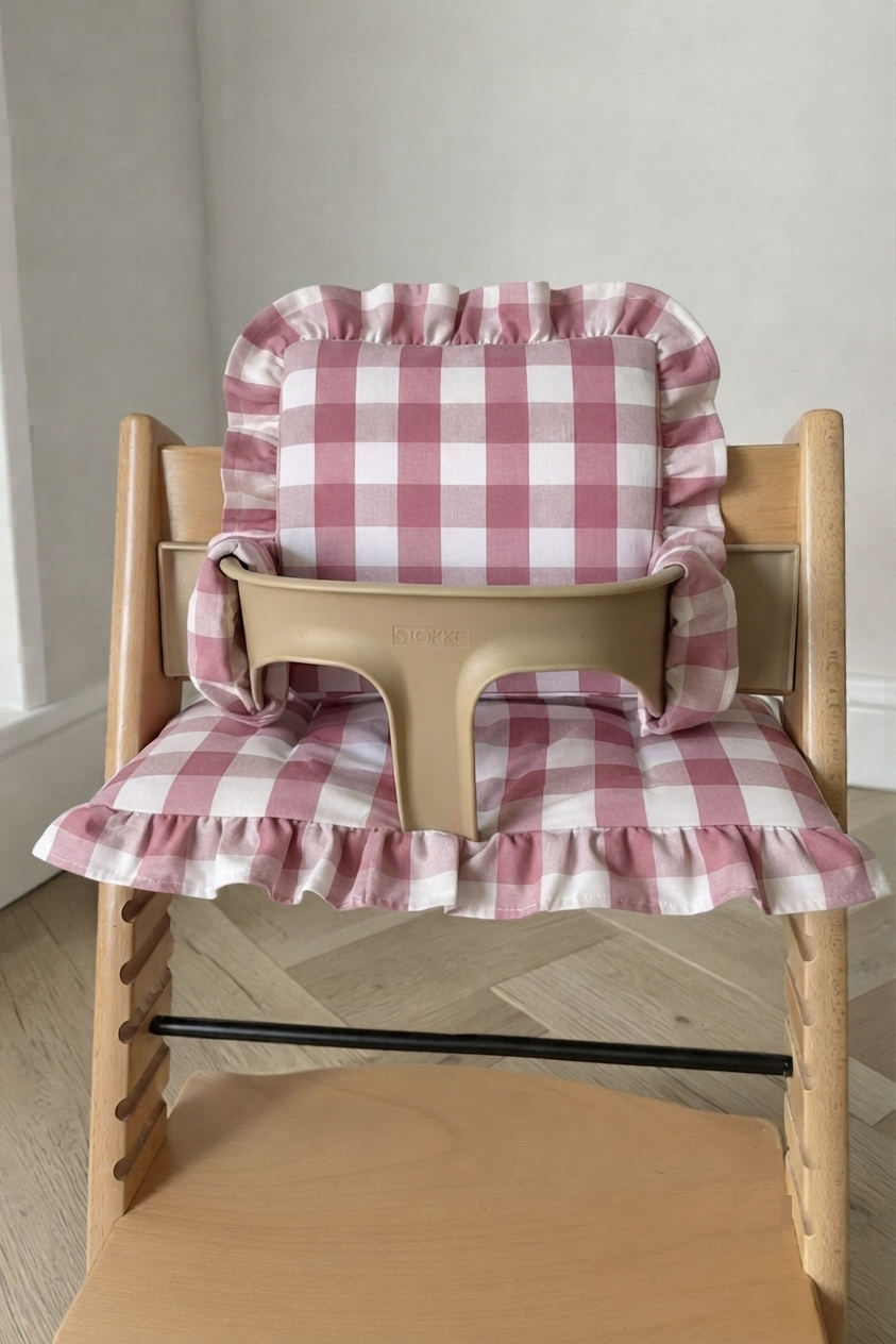 Ruffles Cushion Set Waterproof compatible with Stokke Tripp Trapp Highchair- Large Vichy gingham Pink