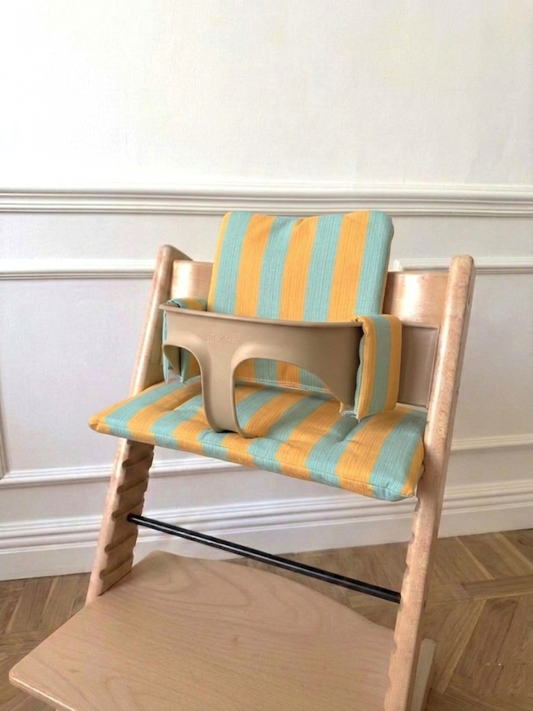 St. Tropez Striped Cushion Set Waterproof compatible with Stokke Tripp Trapp Highchair- yellow mint