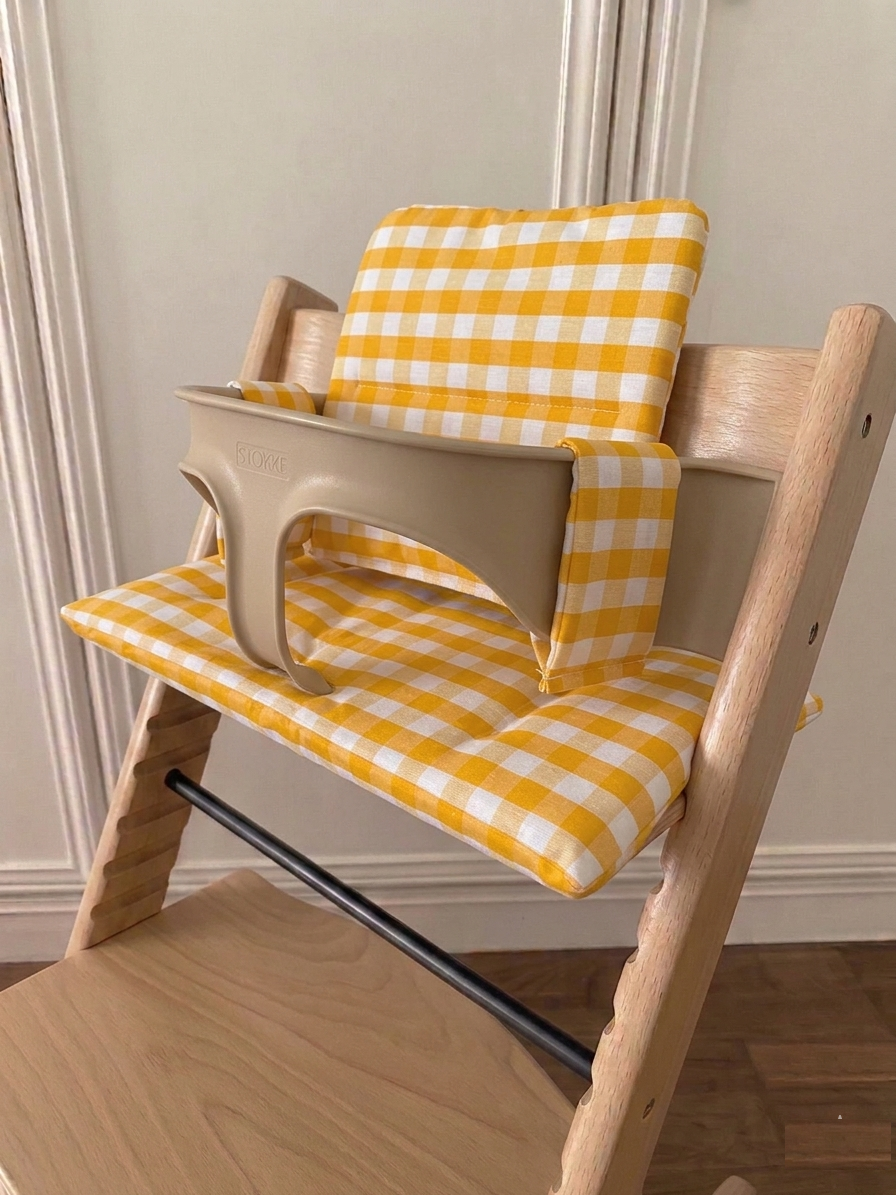 Waterproof Wipe Clean High Chair Cushion | Compatible with Stokke Tripp Trapp | Yellow Vichy Gingham