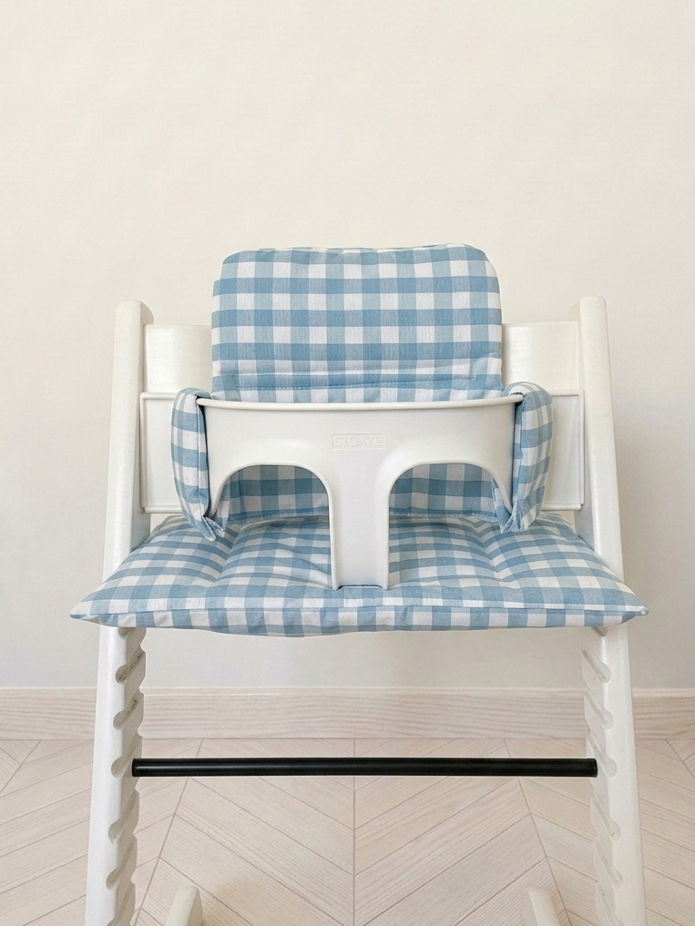Waterproof Cushion Set Compatible with Stokke Tripp Trapp Highchair- Blue Gingham Vichy