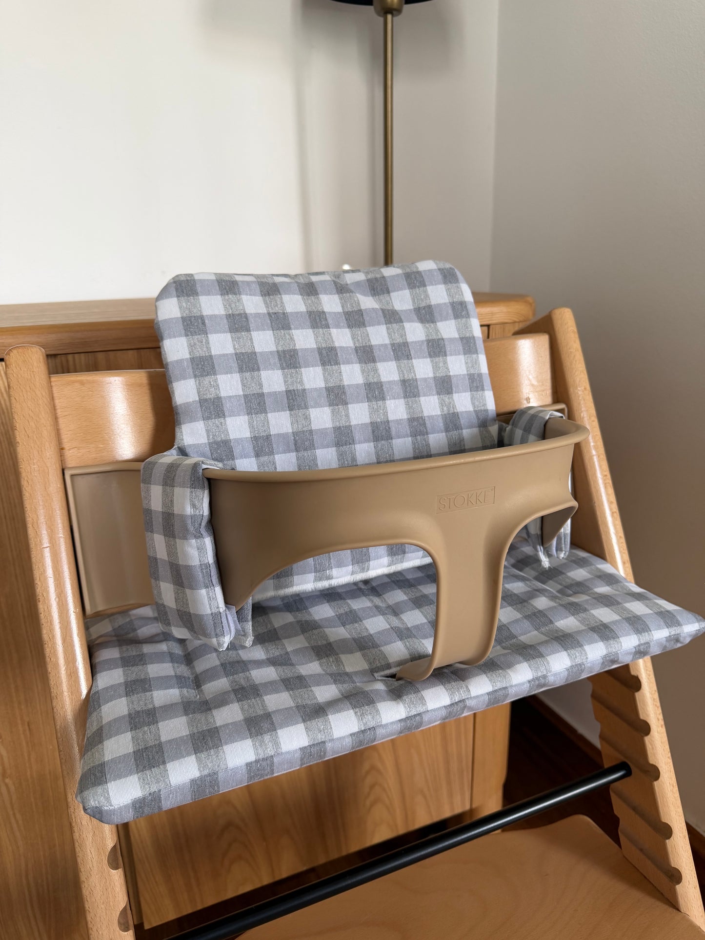 Waterproof Wipe Clean High Chair Cushion | Compatible with Stokke Tripp Trapp | Vichy Gingham Grey
