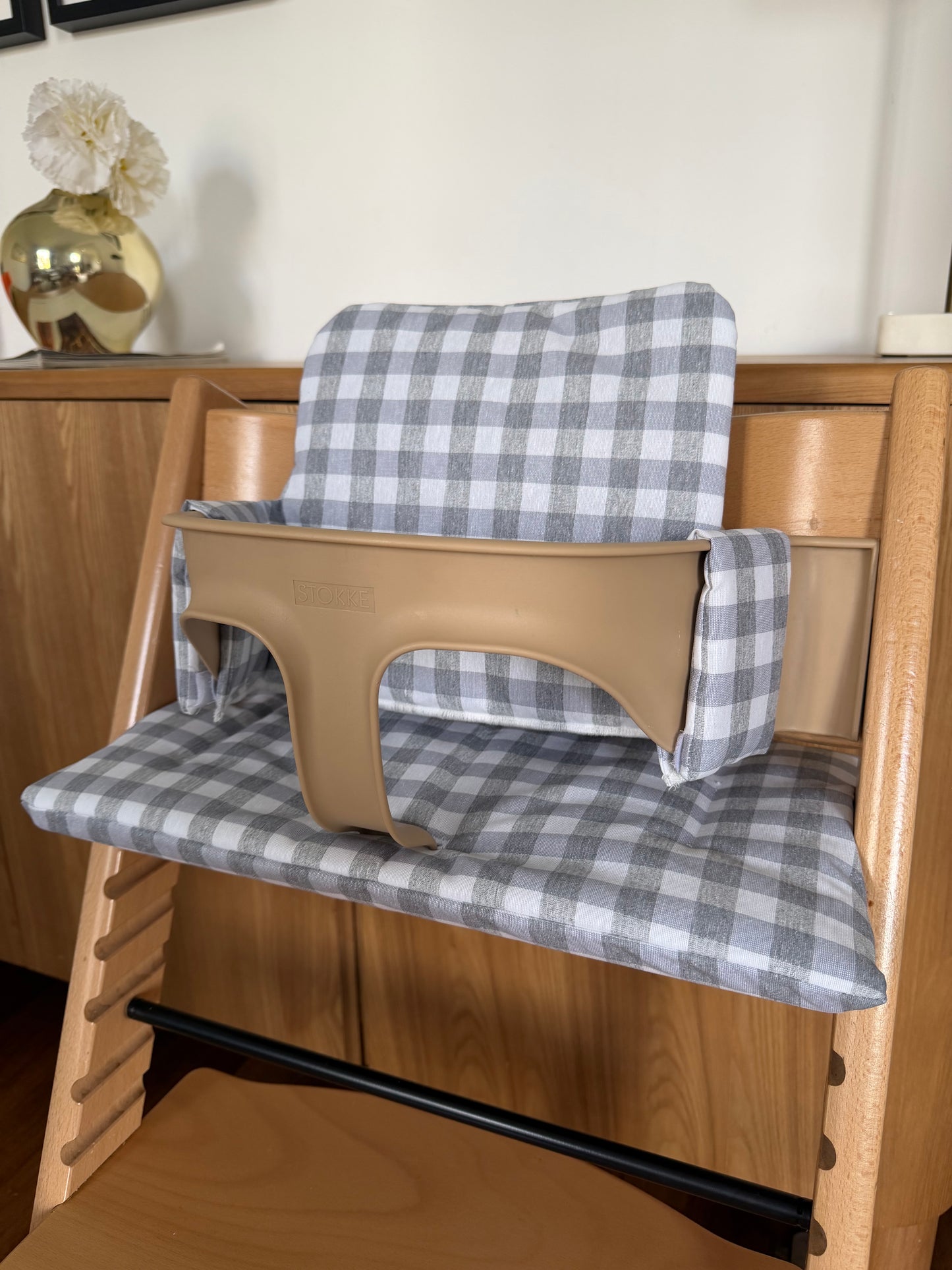 Waterproof Wipe Clean High Chair Cushion | Compatible with Stokke Tripp Trapp | Vichy Gingham Grey