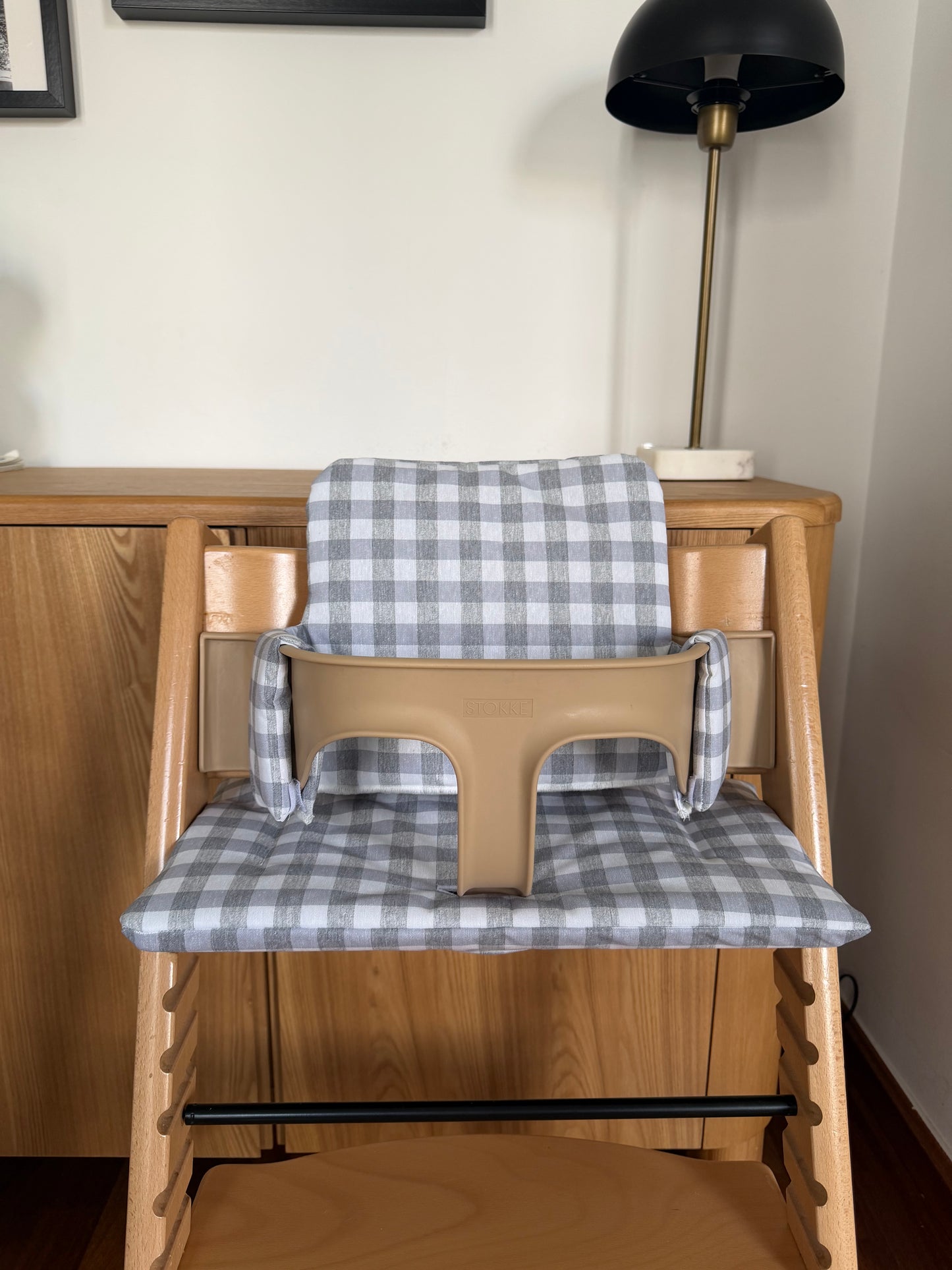 Waterproof Wipe Clean High Chair Cushion | Compatible with Stokke Tripp Trapp | Vichy Gingham Grey