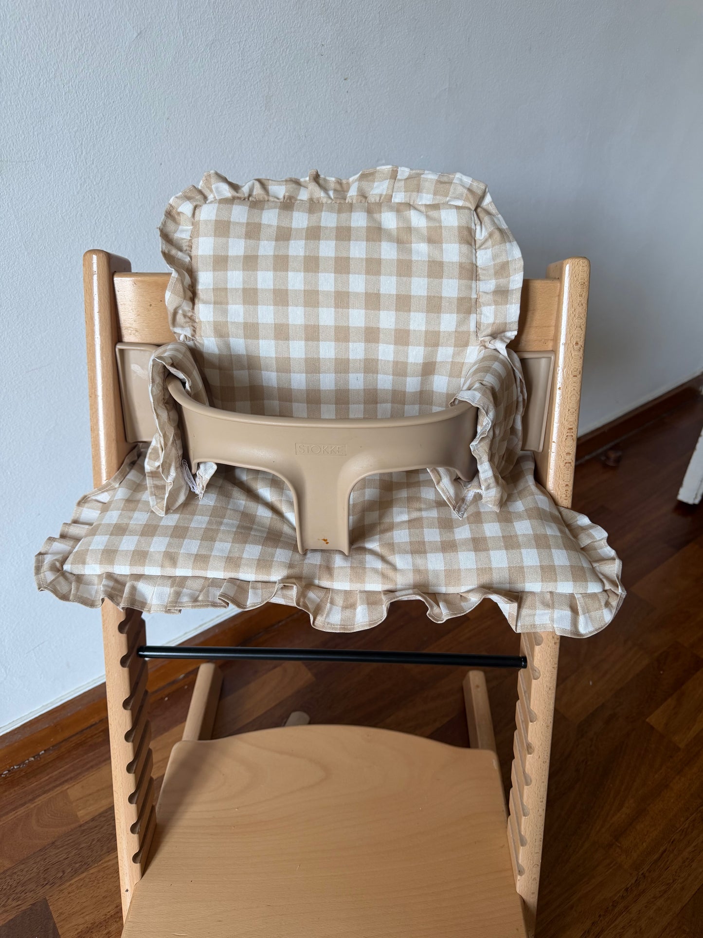 Ruffles Cushion Set Waterproof compatible with Stokke Tripp Trapp Highchair- Vichy gingham Beige