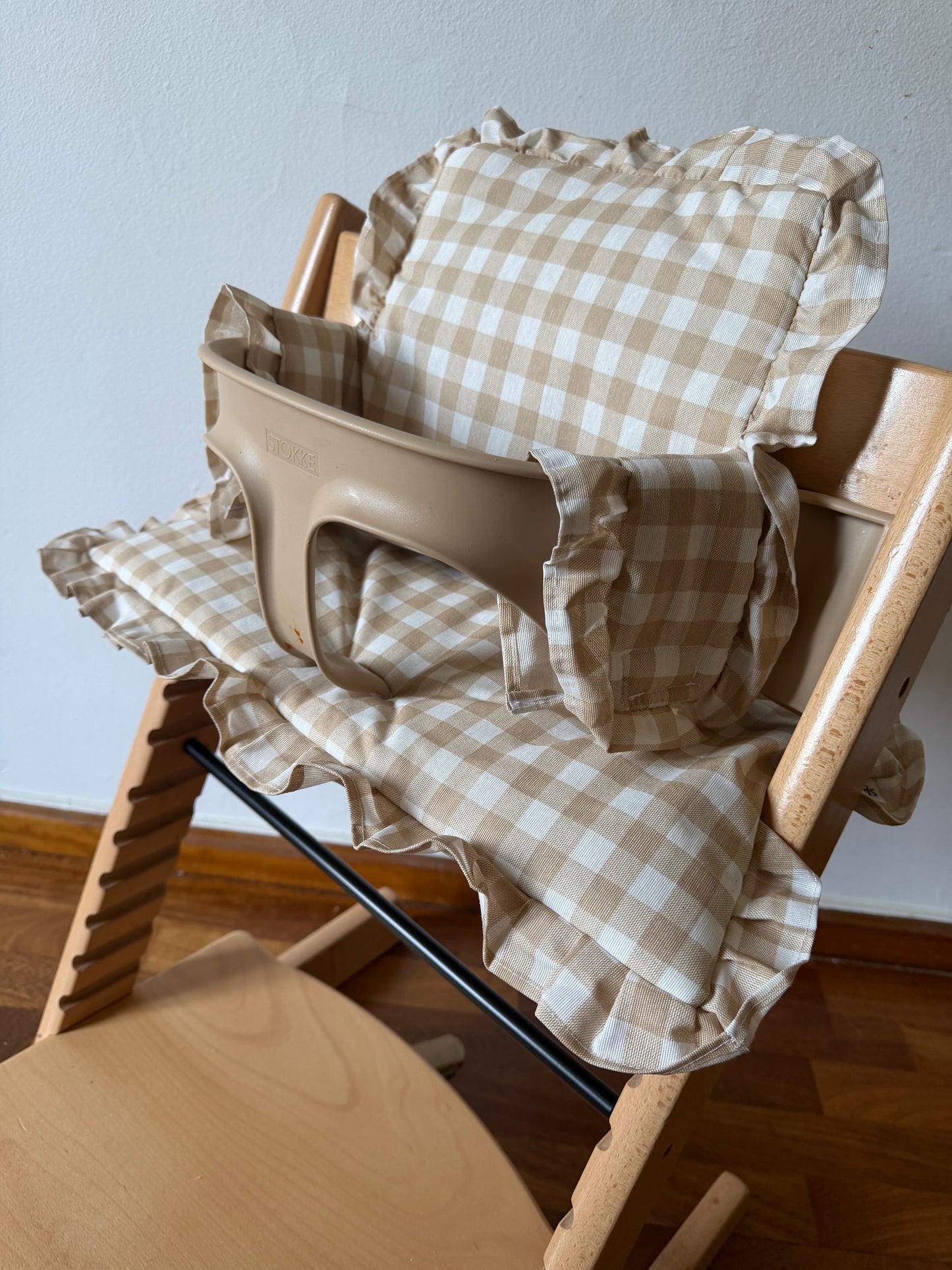 Ruffles Cushion Set Waterproof compatible with Stokke Tripp Trapp Highchair- Vichy gingham Beige