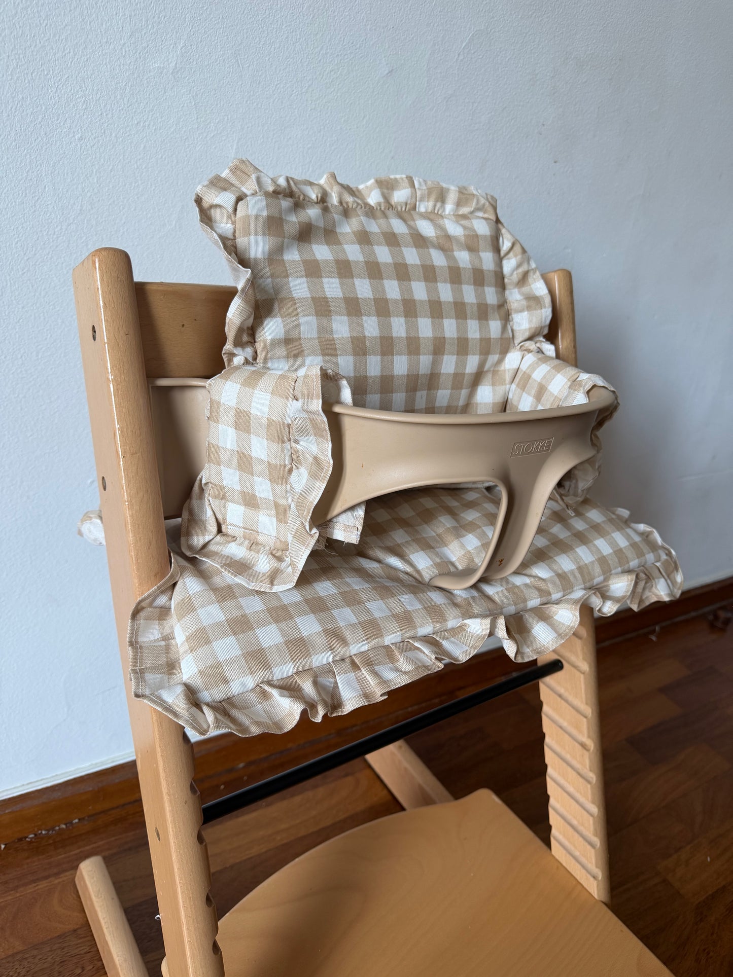 Ruffles Cushion Set Waterproof compatible with Stokke Tripp Trapp Highchair- Vichy gingham Beige