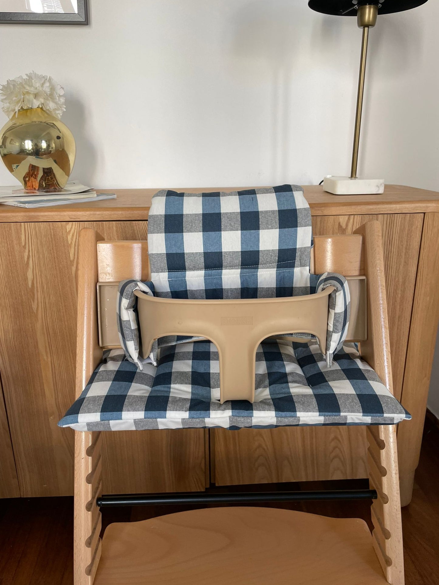 Waterproof Tripp Trapp Cushion | Wipe Clean High Chair Cushion | Compatible with Stokke Tripp Trapp | Blue Gingham