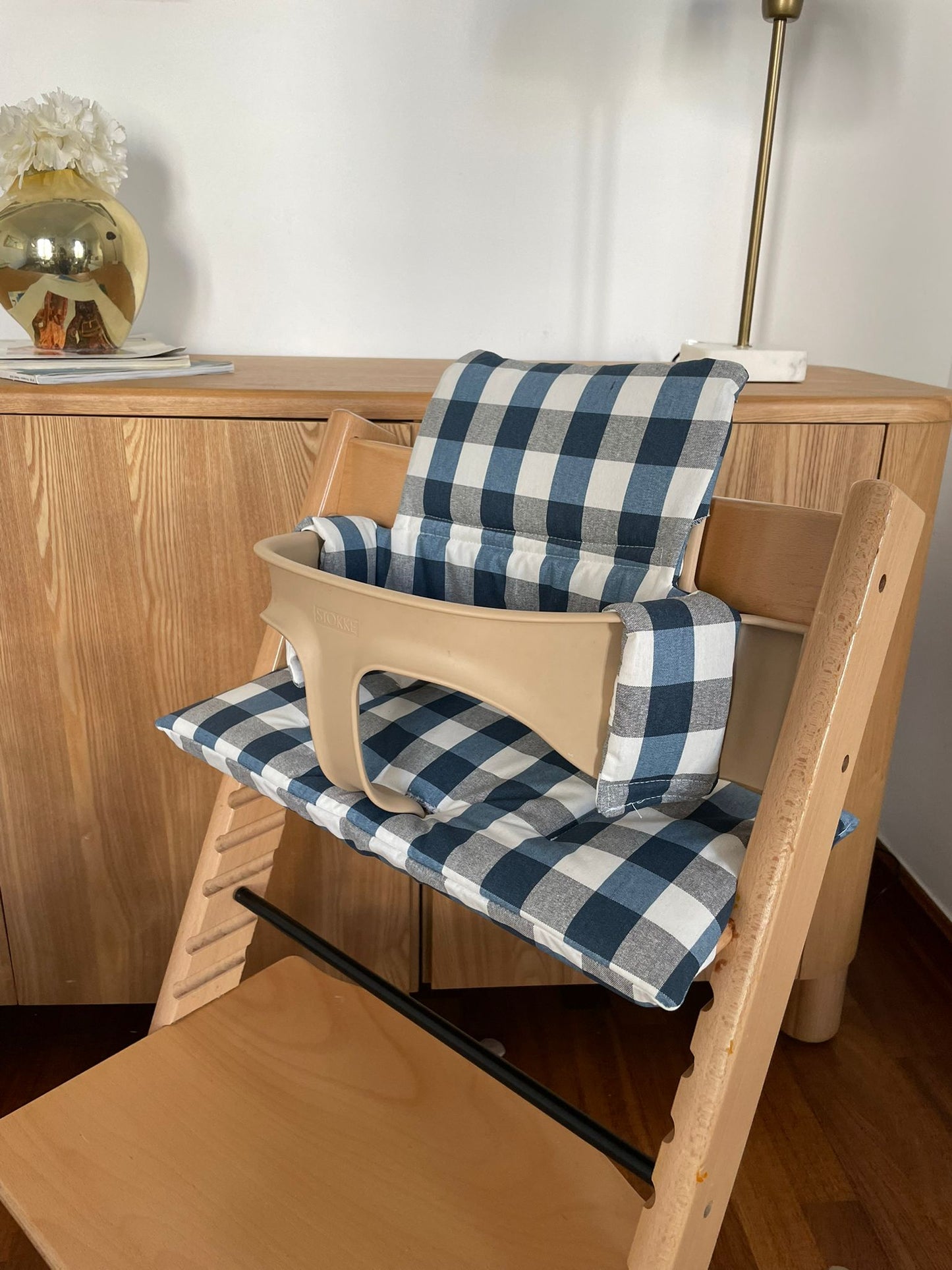 Waterproof Tripp Trapp Cushion | Wipe Clean High Chair Cushion | Compatible with Stokke Tripp Trapp | Blue Gingham
