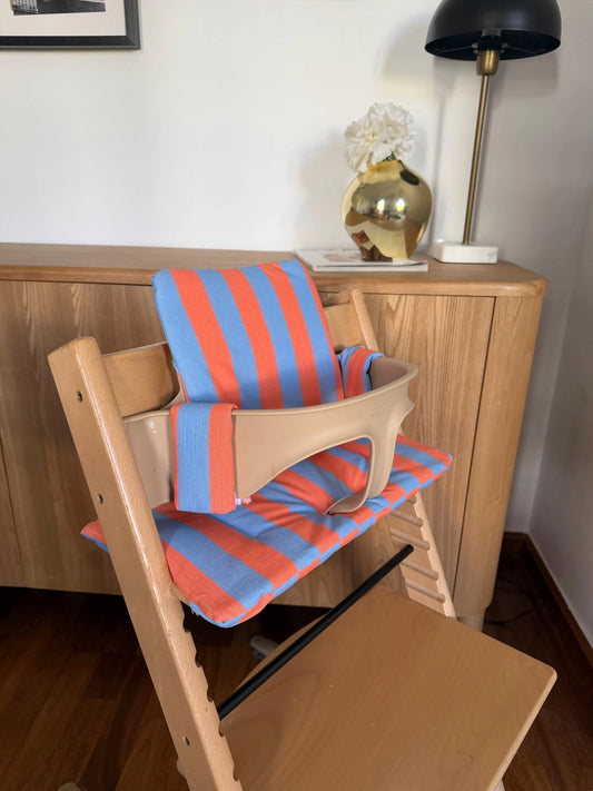 St. Tropez Striped Cushion Set Waterproof compatible with Stokke Tripp Trapp Highchair- Orange Blue