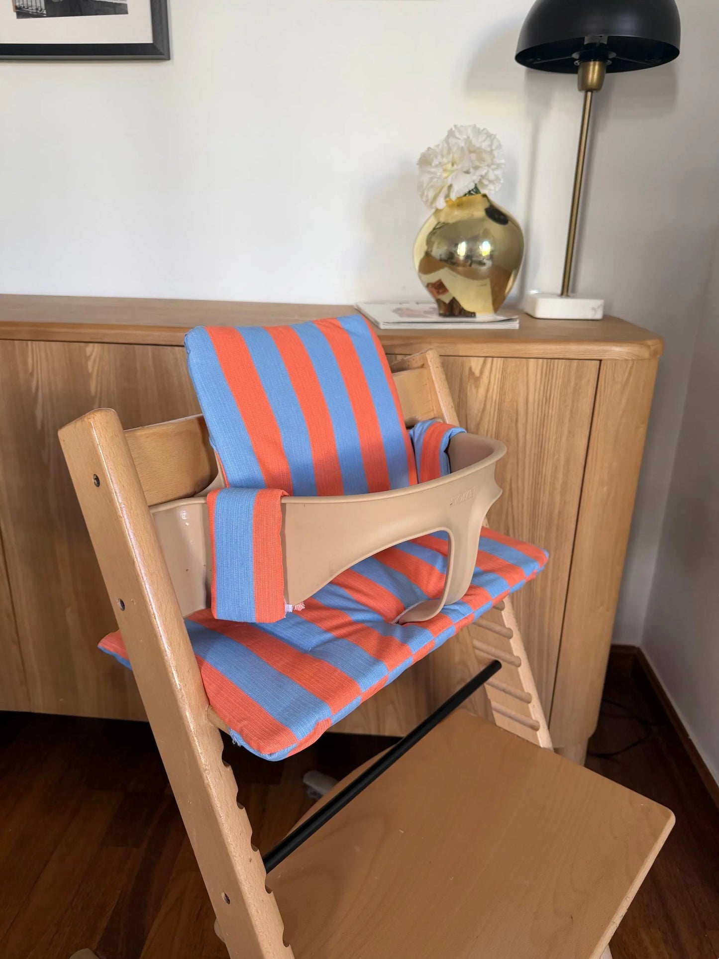 St. Tropez Striped Cushion Set Waterproof compatible with Stokke Tripp Trapp Highchair- Orange Blue