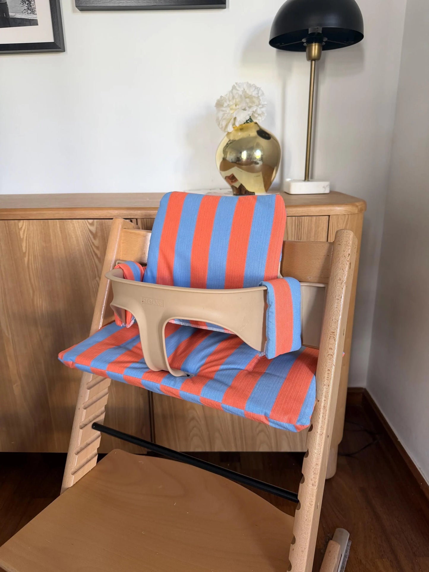 St. Tropez Striped Cushion Set Waterproof compatible with Stokke Tripp Trapp Highchair- Orange Blue