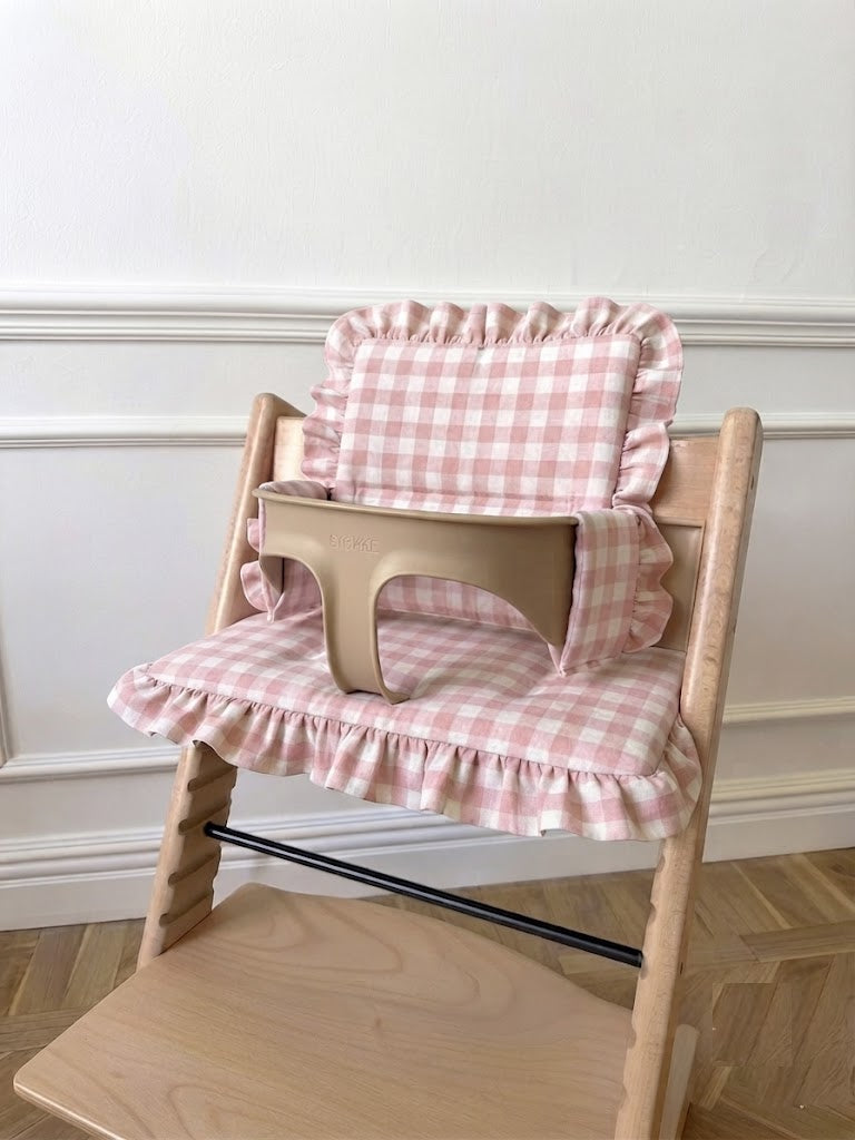 Ruffles Cushion Set Waterproof compatible with Stokke Tripp Trapp Highchair- Vichy gingham pink