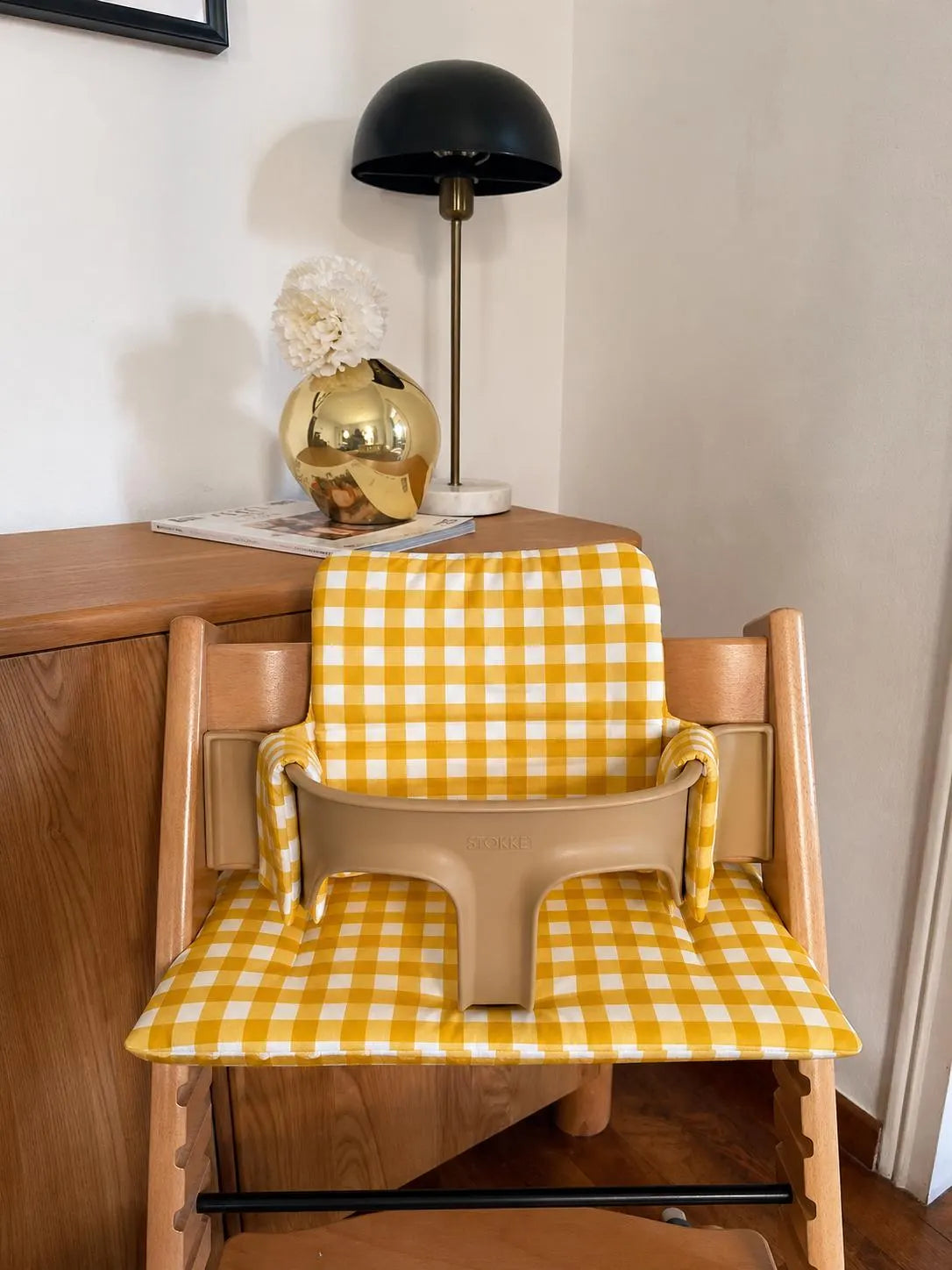 Waterproof Wipe Clean High Chair Cushion | Compatible with Stokke Tripp Trapp | Yellow Vichy Gingham
